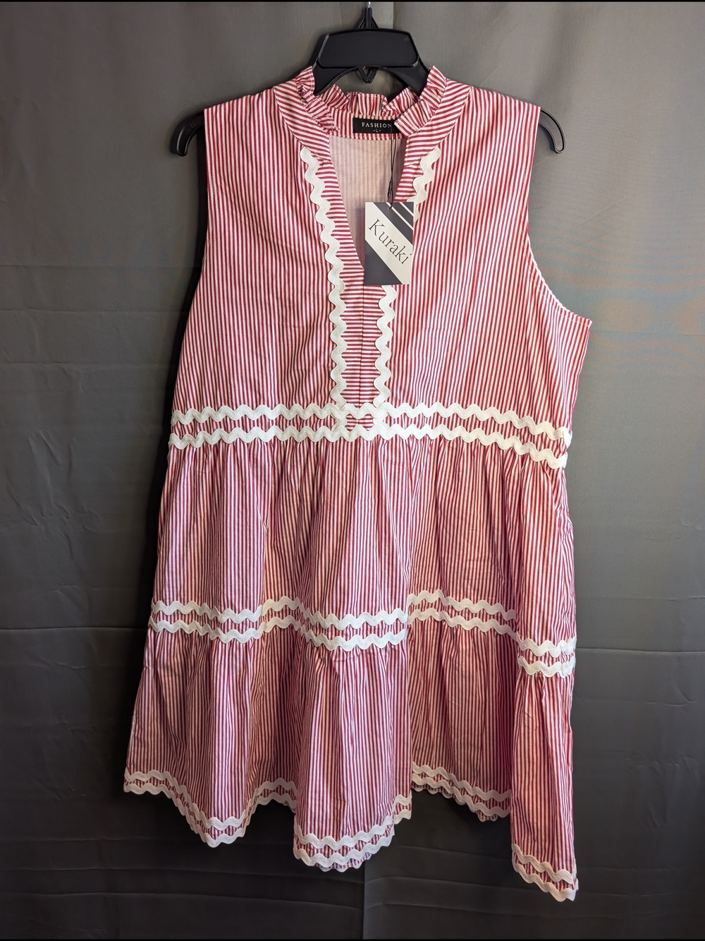 Red And White Striped Sleeveless Tiered Midi Dress